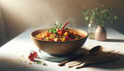 Vegan African-inspired lunch in a rustic bowl with sorghum, vegetables, and cilantro garnish, in natural light on a clean table.