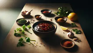 Serene dining setting with a glossy African-inspired vegan marinade in an elegant bowl, surrounded by cilantro, lemon, garlic, and spices on a wooden table in gentle light.