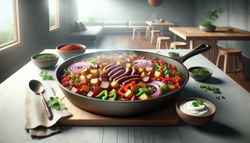 Vibrant Vegan BBQ Breakfast Skillet on a wooden table, featuring colorful sautéed veggies, vegan sausages, and a side of vegan sour cream.