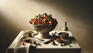 Image of a vegan African dish in a shallow bowl, featuring sorghum, sweet potatoes, and mushrooms, garnished with cilantro on a minimalist table, under warm light.