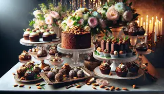 A lavish dessert table is filled to the brim with an assortment of delicious vegan treats. At the center, a dense chocolate dessert made with almond flour is adorned with chopped almonds. Surrounding it are an array of other desserts, including superbly decorated vegan cupcakes and indulgent chocolate truffles. All are elegantly arranged on exquisite serving plates and stands, decorated with fresh flowers and green leaves. The beauty of the scene is amplified by soft lighting that casts a warm ambience across the table. The image depicts the pure essence of indulgence, with the dense chocolate and almond dessert taking center stage.