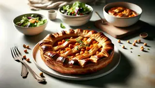 Golden, flaky Vegan African-Inspired Puff-Pastry Pie with sweet potatoes and chickpeas on a white plate, mixed greens salad, on a wooden table with soft lighting.