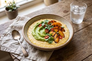 Smoked Masa Grits with Whipped Avocado and Charred Nectarines A bowl of creamy masa grits topped with whipped avocado, charred nectarines, and fresh herbs on a sunlit wooden table.