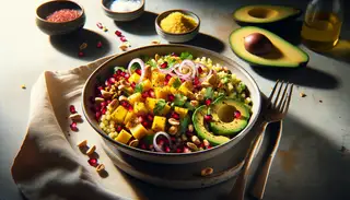 Vibrant African-inspired vegan salad in a stylish bowl with sorghum, mango, avocado, pomegranate, onion, peanuts, and coriander, with a glistening dressing, ready to eat.