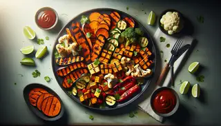 Vegan barbecue feast on a plate with grilled sweet potatoes, tofu, cauliflower, and peppers, highlighted by cilantro and lime wedges on a minimalist table.