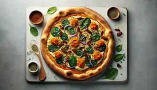 Artisan vegan pizza with sweet potato, spinach, onions, peppers, and vegan cheese on a minimalist table.