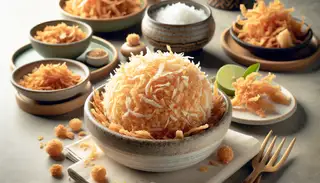 Image of a luscious Asian coconut dessert with a crispy texture, elegantly presented on a minimalist table setting, evoking indulgence.