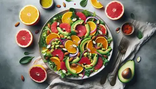 A vibrant citrus salad with mixed greens, oranges, grapefruits, avocados, red onions, and toasted almonds, dressed with a tangy vinaigrette on a minimalist table.