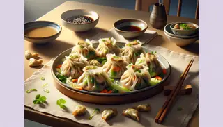 A plate of translucent vegan wontons filled with shiitake mushrooms and vegetables, served with tamari sauce on a warm wooden table, under soft lighting.