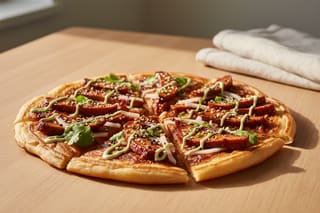 Vegan Gochujang BBQ seitan flatbread on a flaky scallion pancake, with wasabi mayo and cilantro, shot in warm, golden California sunlight.