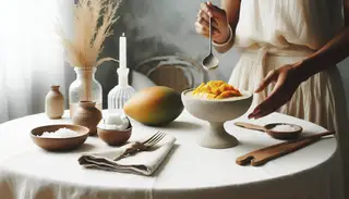 A serene table setting featuring a vegan Mango and Coconut Rice Pudding, a creamy African-inspired dessert, exuding indulgence and tranquility.