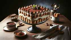 Vegan Tiramisu in a stylish dish, featuring layers of soaked biscuits and creamy tofu-cashew mix, topped with cocoa and chocolate shavings.