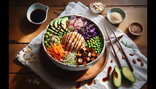Vegan Asian-inspired lunch bowl with brown rice, purple cabbage, carrots, edamame, avocado, crispy tofu, pickled radish, toasted almonds, and a soy-maple drizzle, in a minimalist setting.