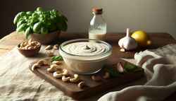 Image of creamy vegan marinade in a bowl on a wooden table, surrounded by cashews, basil, garlic, and lemon.