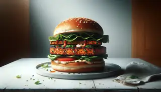 Hyperrealistic image of a gourmet vegan burger on a minimalist table, featuring a crispy tempeh patty glazed with sriracha and soy, fresh lettuce, ripe tomatoes, and vegan mayo.