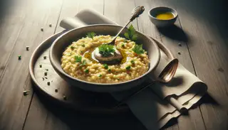Creamy vegan breakfast risotto in a shallow bowl, garnished with fresh herbs and truffle oil, on a wooden table with subtle daylight highlighting its textures.