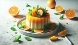 Vibrant citrus-based dessert with fresh mint leaves on a minimalist table setting, evoking a refreshing summer vibe.