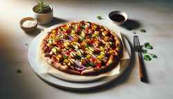 Vegan artisan pizza with hoisin, pineapple, tofu, and vegan cheese on a stylish, minimalist table bathed in natural light.