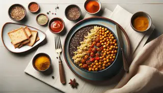 Serene table setting with colorful vegan African dish - quinoa, chickpeas, spices; a gastronomic delight in a minimalist setup.