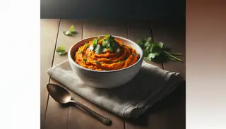 Vibrant African spiced sweet potato mash in a white bowl, garnished with cilantro, on a dark wooden table with a silver spoon, in natural light.