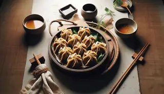 Golden-brown Vegan Asian Tofu Dumplings on rustic table with chopsticks and sauce bowl, adorned with fresh herbs