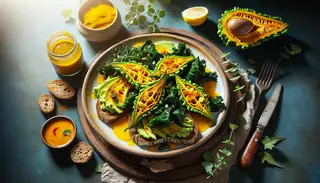 Create a bright and appealing image of a breakfast table set with a unique bitter dish ready for consumption. The plate showcases a heap of sautéed kale and thin slices of bitter gourd seasoned with garlic, turmeric, salt, and pepper. These vegetables are served on pieces of toasted whole grain bread, covered with creamy avocado. A hot sauce enhances the dish's spiciness. The table has fresh herbs and a lemon wedge, adding a vibrant color and fresh look. The imagery should evoke the essence of African cuisine with the bold colors and textures of the ingredients visible. Natural lights highlight the fresh green of the vegetables and the well-cooked brown of the toast, offering a tantalizing image that invites the viewer to savor the unique flavors of this distinctive breakfast.