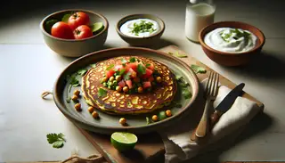 Golden brown chickpea pancake on a ceramic plate, topped with tomatoes and cilantro, beside coconut yogurt and lime, on a wooden table in natural light.