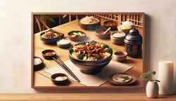 Vibrant Vegan Korean Bulgogi Bowl on a beautifully set table, showcasing textures and hues in a serene ambiance.