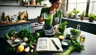 Create a vibrant and detailed image of a vegan chef, who is of Middle-Eastern descent and female, in a contemporary kitchen preparing a bright green, fresh and flavorful grassy sauce. She has the following ingredients neatly lined up: fresh parsley, cilantro, mint, garlic cloves, a lemon, a bottle of olive oil, and small bowls containing salt and black pepper. She is using a blender to combine the ingredients into a smooth sauce, with the blender atop a counter, showing a swirling mix of green herbs and liquids. On one side, there's a clear jar waiting to contain the prepared sauce, and on the other side, there's a notebook with the nutrition facts per serving printed: 80 calories, 8g of total fat, 60mg of Sodium, 2g of Total Carbohydrate, and 1g of Protein. The preparation time is written as 10 minutes. The scene beautifully captures the chef's innovation, the freshness of the ingredients, and the enticing vibrancy of the sauce. There's a palpable sense of anticipation of the flavors this sauce will bring to dishes.