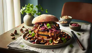 Gourmet vegan seitan sandwich with shiitake mushrooms, caramelized onions, vegan cheese, and cilantro on a minimalist table.