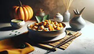 Image of vegan pumpkin and ginger gnocchi in coconut lemongrass sauce, served in a sleek bowl with Thai basil, bamboo placemat, and chopsticks under warm light.