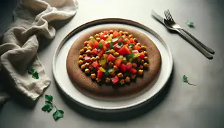 Vegan meze on a minimalistic table featuring golden-brown teff injera topped with vibrant chickpeas, tomatoes, bell peppers, and cilantro.