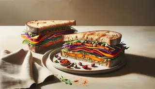 Gourmet vegan sandwich with roasted sweet potatoes, black-eyed peas, caramelized onions, red cabbage, and arugula on whole grain bread, served on a minimalist table.