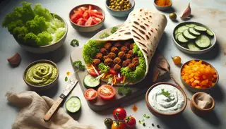 Vegan African-inspired shawarma on a clean table, wrapped in homemade flatbread with visible spiced filling, fresh veggies, and vegan tzatziki sauce.