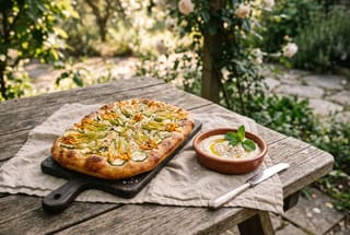 Schiacciata di Ortone with Minted Cannellini Cream Golden zucchini blossom flatbread and a bowl of creamy white bean dip on a rustic wooden table in soft sunlight.
