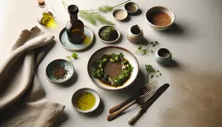 A serene table setting showcasing a stylish bowl of Umami Marinade, adorned with fresh herbs, evoking a savory vegan essence.