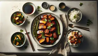 Realistic vegan dinner setting with caramelized roasted jackfruit, garnished with cilantro and sesame seeds, alongside steamed greens and jasmine rice on a minimal table.