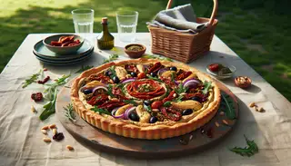 Vegan Mediterranean tart with hummus, sun-dried tomatoes, artichokes, olives, and roasted peppers, garnished with arugula and basil, on a rustic outdoor table.