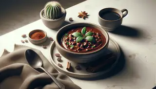 A bowl of rich, textured vegan Mocha Chili on a simple, elegant table with a small cup of black coffee beside it, exuding warmth and comfort.