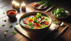 Vibrant Asian-inspired vegan coconut soup in a bowl, featuring carrots, red bell pepper, and shiitake mushrooms, garnished with cilantro and chili flakes, on a wooden table.