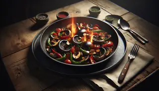 Image of a flambéed gastro pub dish with portobello mushrooms, seitan, and bell peppers, served in a skillet on a wooden table, exuding a cozy ambiance.