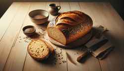 Golden-brown vegan loaf sprinkled with sunflower, pumpkin, and flax seeds on a wooden table, with slices and a ceramic dish nearby, in a minimalist setting.
