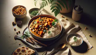 Minimalist dining setting with vegan sweet potato and chickpea curry in an elegant bowl, accompanied by rice or flatbread, highlighted by natural light.