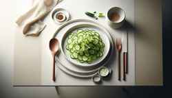 Japanese-inspired cucumber salad on a minimalist table, showcasing tangy crunchiness, freshness, and summer vibes.