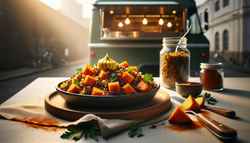 Vegan Buttery Food Truck Special Vibrant vegan dish featuring spiced quinoa and golden sweet potatoes, garnished with fresh parsley, presented elegantly on a minimalistic outdoor table.