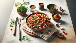 Inspiring vegan African lunch: Quinoa & chickpea dish with bell pepper, spices, and fresh parsley on a serene table setting.