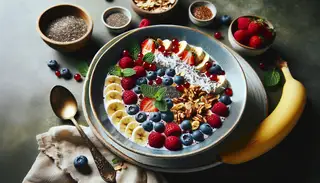 Generate an image of a beautifully set breakfast table with a serene and natural backdrop. The centerpiece of the table should be a bowl filled with a vibrant mix of fresh berries and sliced bananas. The bowl is generously topped with crunchy granola, nutrient-rich chia seeds, and omega-3-packed flaxseeds. To give a distinct tropical flavor, the bowl should include some shredded coconut, chopped nuts, and a sprig of fresh mint leaves. A dollop of creamy plant-based yogurt completes the breakfast bowl. All these elements together should reflect a vegan, refreshing, and nutritious breakfast.