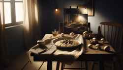 Vegan Creamy Mushroom Risotto on rustic wooden table, earthy mushrooms blending harmoniously, set in serene evening ambiance.