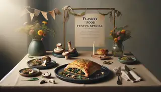 Image of a golden-brown, flaky puff pastry filled with shiitake mushrooms, spinach, and leeks, dusted with nutmeg and vegan parmesan, on a minimalist festival table.