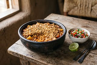 A golden-brown crusted cassava and pigeon pea stew in a clay pot, accompanied by fresh kachumbari and a lime wedge on a wooden table.